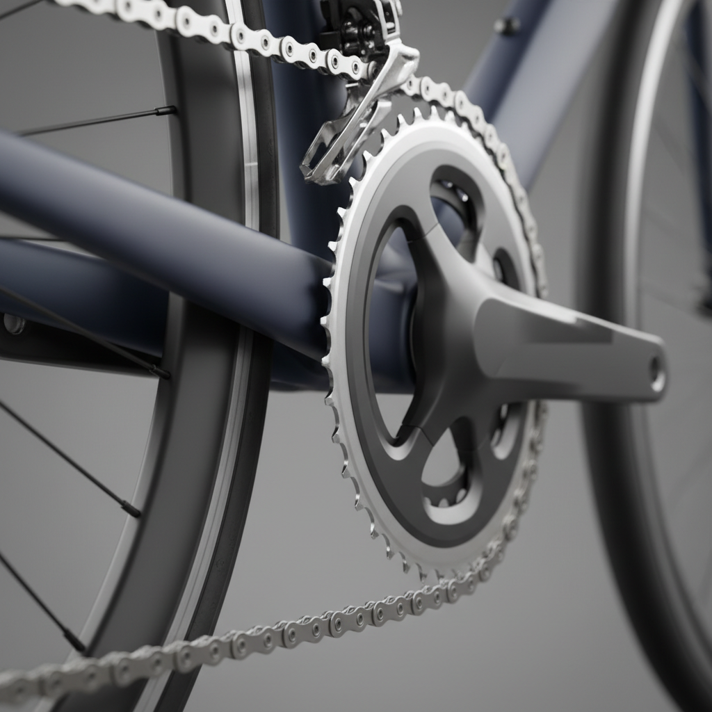 A close-up view of a modern road bike’s drivetrain reveals a meticulously clean cassette, chain, and crankset against a neutral studio background. The brushed metal cassette teeth, satin-finished crank arm, and precisely machined chain links glint subtly under soft, controlled studio lighting from above and slightly behind, creating crisp edge highlights and minimal reflections. The bike frame, in a subdued matte navy, fades gently into a blurred background, keeping attention on the mechanical details. Shot from a low side angle with shallow depth of field, the composition uses the chainline as a leading line across the frame. The mood is technical and analytical, evoking a professional workshop manual, with a clean, modern photographic realism ideal for illustrating drivetrain care tips.