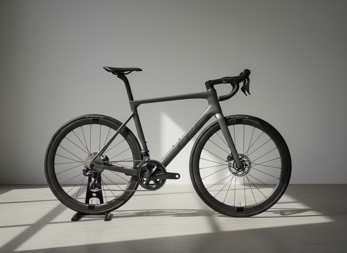 A high-end carbon road bicycle in matte charcoal gray stands on a clean, light concrete studio floor, supported by a minimal black stand. The bike’s slim aero frame, deep-section wheels, and precise disc brakes are sharply defined, with subtle branding in muted silver. Soft, diffused daylight from a large unseen window to the left creates gentle highlights on the frame’s edges and casts a crisp, controlled shadow to the right. The background is a smooth, neutral gray gradient with no clutter, emphasizing clean lines and a corporate, professional aesthetic. Captured at eye level from the drivetrain side, with sharp focus throughout and a balanced, rule-of-thirds composition, the image feels technical, precise, and trustworthy, ideal for a cycling tips blog header.