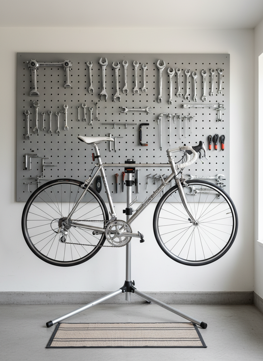 A meticulously organized home bicycle workshop occupies a bright, minimalist garage space. A sleek aluminum road bike with neutral white and black accents is mounted on a professional repair stand in the center, its drivetrain exposed for adjustment. Behind it, a pegboard on a light gray wall holds neatly aligned tools: torque wrenches, hex keys, tire levers, and chain whips, all with clean metal finishes. Soft overcast daylight enters from an unseen side window, producing even, shadow-free illumination that enhances the sense of order. The floor is spotless concrete, with a small, folded neutral-toned mat beneath the stand. Shot from a slightly elevated angle with moderate depth of field, the composition is structured and balanced, conveying professionalism, precision, and methodical bicycle maintenance.